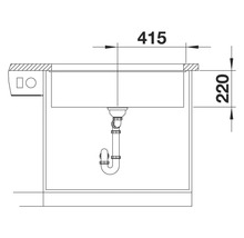 Skizze einer Spüle mit den Maßen 415 x 220 Millimeter.