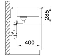 Schéma technique d'un évier avec siphon et dimensions
