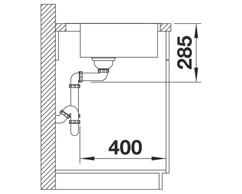 Schéma technique d'un évier avec siphon et dimensions