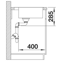 Schéma technique d'un évier avec siphon et indications de dimensions