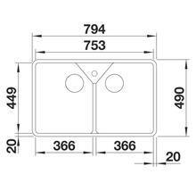 Technische Zeichnung einer Küchenspüle mit Doppelbecken und Maßangaben