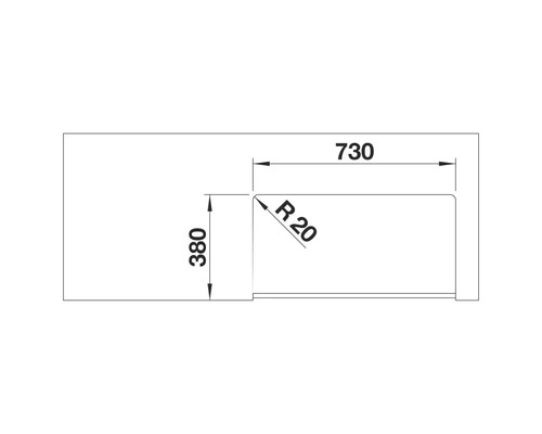 Zeichnung eines Waschbeckens mit Maßangaben: 730 Millimeter Länge, 380 Millimeter Breite und einem Radius von 20 Millimetern