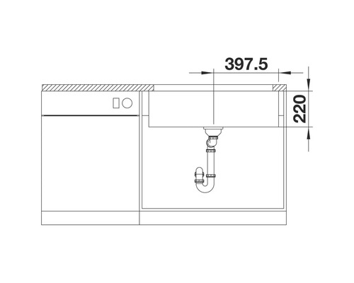 Zeichnung eines Spülbeckens mit Maßangaben 397,5 und 220