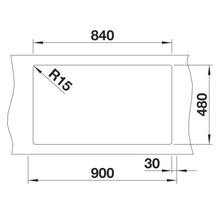 Technische Zeichnung eines rechteckigen Beckens mit abgerundeten Ecken und Maßangaben
