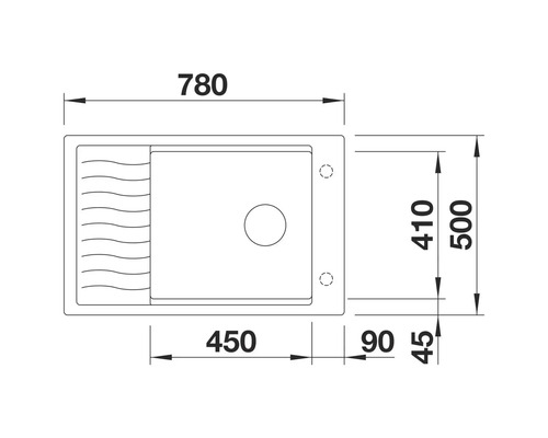 Skizze einer Spüle mit den Maßen 780 x 500 mm.