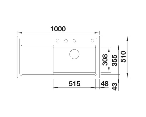 Technische Zeichnung einer Spüle mit Maßangaben.
