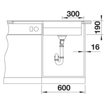 Technische Zeichnung einer Spüle mit Maßangaben