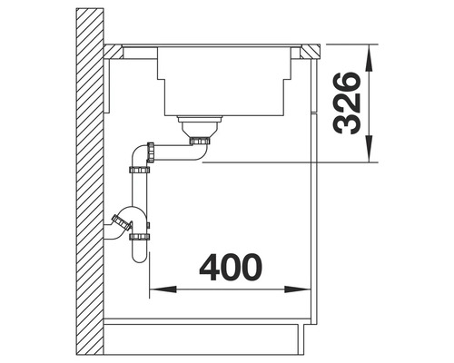 Zeichnung eines Spülbeckens mit Siphon und Maßangaben 326 und 400.