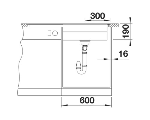 Technische Zeichnung einer Spüle mit Maßangaben