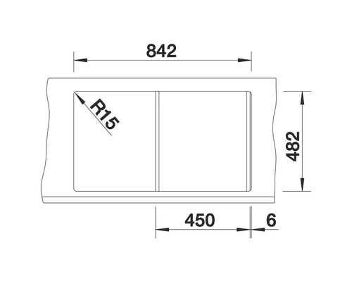 Dessin technique d'un évier avec des dimensions de 842 x 482 mm