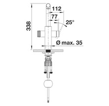 Schéma coté d'un robinet de cuisine avec indication des dimensions.
