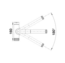 Dessin technique d'un robinet avec indication de dimension 160 et une plage de pivotement de 180 degrés.