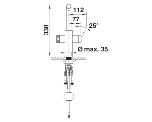Schéma coté d'un robinet de cuisine avec indication des dimensions.