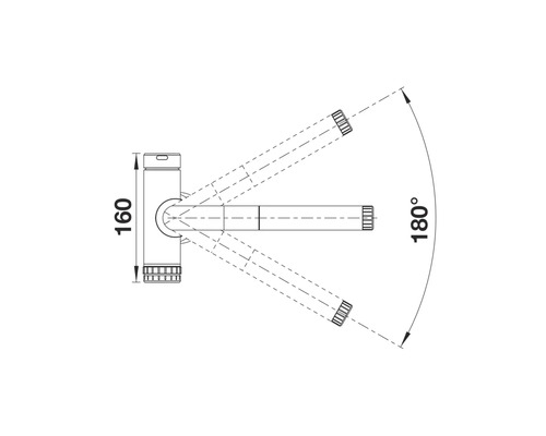 Dessin technique d'un robinet avec indication de dimension 160 et une plage de pivotement de 180 degrés.