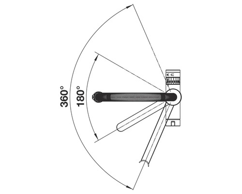 Illustration de la plage de pivotement d'un siphon de 180 degrés à 360 degrés.
