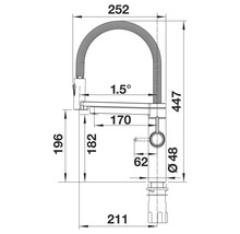Dessin coté d'un robinet de cuisine avec douchette extractible et indications de taille