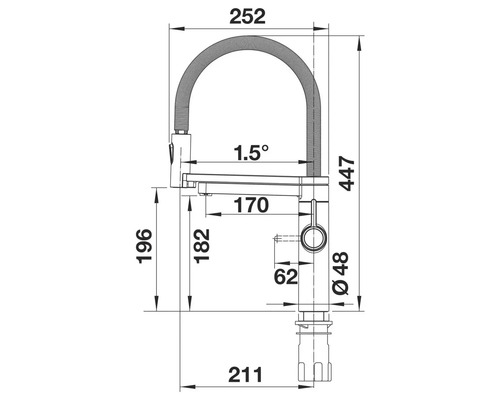 Dessin coté d'un robinet de cuisine avec douchette extractible et indications de taille