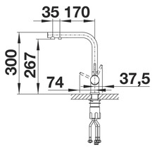 Schéma coté d'un robinet de cuisine avec différentes dimensions.