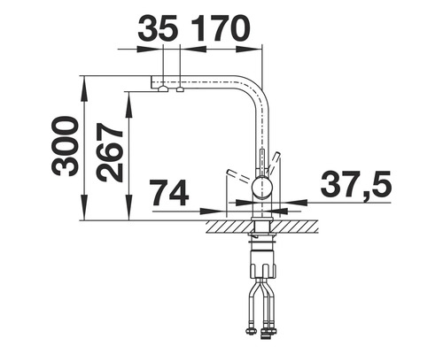 Schéma coté d'un robinet de cuisine avec différentes dimensions.
