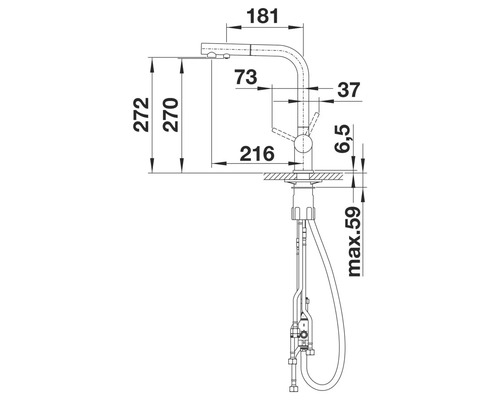 Schéma technique d'un robinet de cuisine avec dimensions