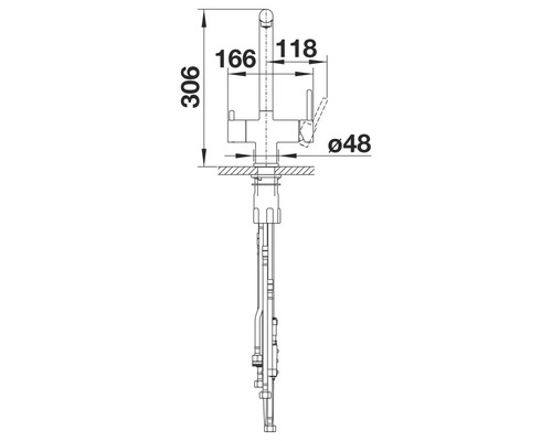 Dessin technique d'un robinet de cuisine avec indications de dimensions
