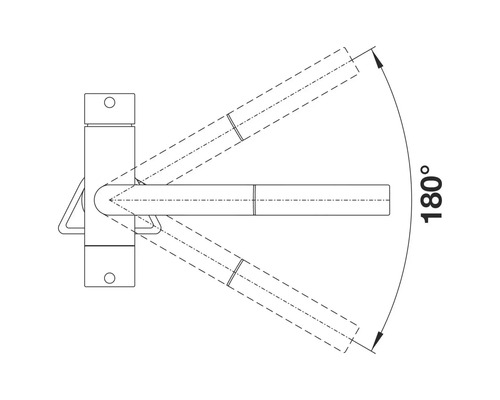 Illustration d'une pièce métallique avec une plage de pivotement de 180 degrés