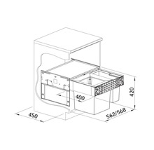 Technische Zeichnung eines Waschbeckenunterschranks mit Schublade und Maßangaben