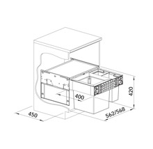 Technische Zeichnung eines Badezimmerschranks mit Schublade und Maßen