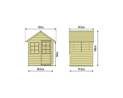 Masse des Gartenhauses als technische Zeichnung dargestellt.