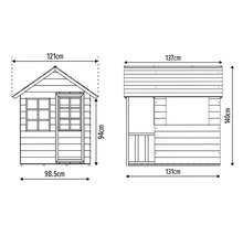 Masse des Spielhauses: Seitenansicht und Vorderansicht mit Höhen- und Breitenangaben in Zentimetern