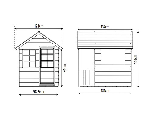 Masse des Spielhauses: Seitenansicht und Vorderansicht mit Höhen- und Breitenangaben in Zentimetern