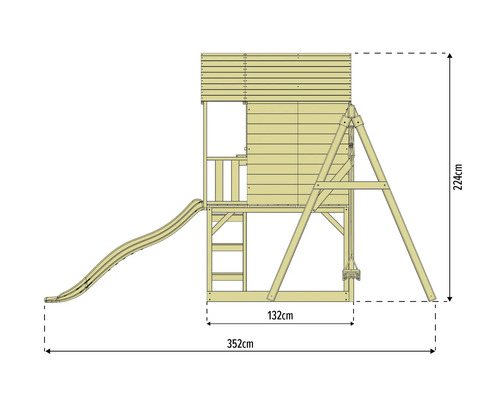 Dimensionsdarstellung eines Spielturms mit Rutsche und Schaukel