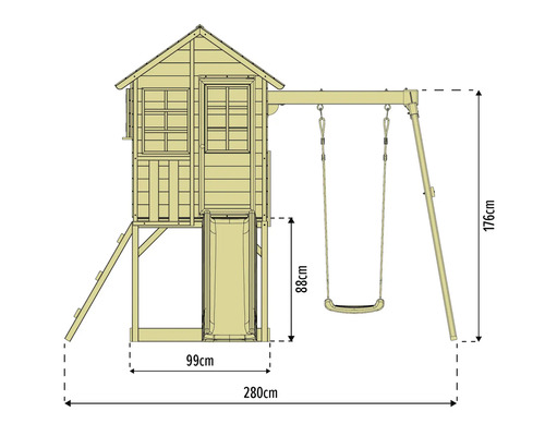 Abbildung einer Spielanlage mit Rutsche, Spielhaus und Schaukel mit den Maßen 280 cm breit und 176 cm hoch