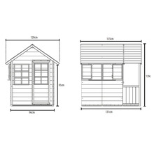 Dimensionsdarstellung eines Spielhauses mit Tür und Fenster
