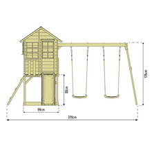 Abbildung eines Spielhauses mit Schaukelgerüst und den Massangaben.