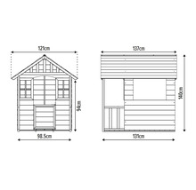 Abmessungen eines Spielhauses, Frontansicht 121 mal 94 Zentimeter, Seitenansicht 137 mal 140 Zentimeter