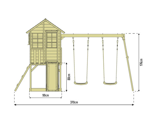 Abbildung eines Spielhauses mit Schaukelgerüst und den Massangaben.