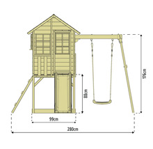 Abbildung einer Spielanlage mit Rutsche, Spielhaus und Schaukel mit den Maßen 280 cm breit und 176 cm hoch