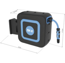 Enrouleur avec tuyau d'arrosage et indications de taille