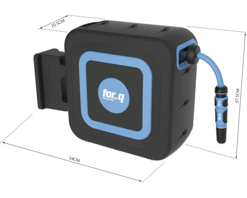 Enrouleur avec tuyau d'arrosage et indications de taille
