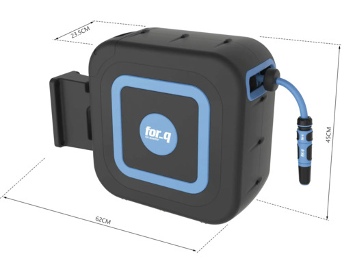 Enrouleur pour tuyau d'arrosage avec raccord de tuyau et dimensions de 62 x 23,5 x 45 cm.