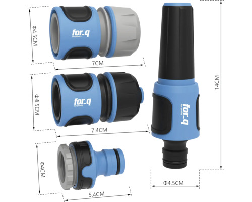 Gartenschlauch-Anschlussset mit Schlauchstück, Wasserstopp und Spritzdüse von for-q