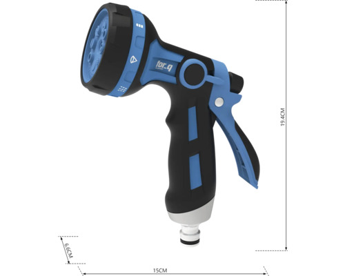 Gartenspritzpistole mit verschiedenen Strahlarten und den Maßen 19,4 cm Höhe, 15 cm Länge und 6,6 cm Breite.