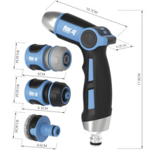 Gartenspritze mit verschiedenen Anschlussstücken und Maßangaben