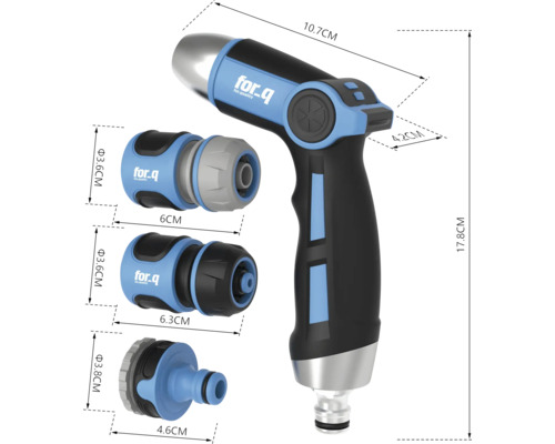 Gartenspritze mit verschiedenen Anschlussstücken und Maßangaben