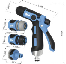 For Q Logo Gartenspritze mit Anschlussstücken und Massangaben