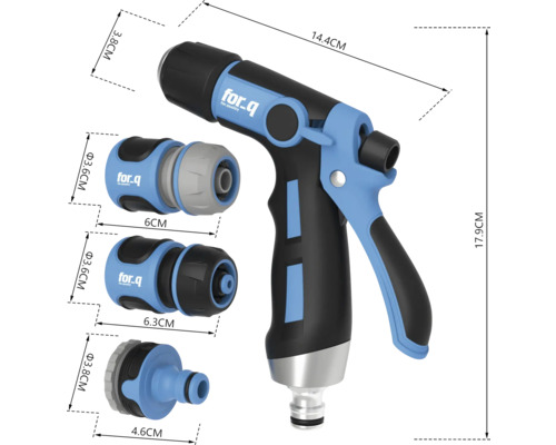 For Q Logo Gartenspritze mit Anschlussstücken und Massangaben