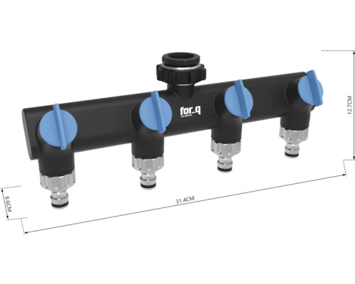 Wasserverteiler mit vier Ausgängen und for.q Logo
