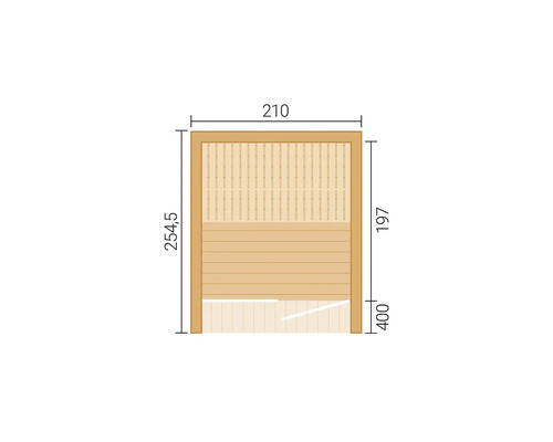 Dessin technique d'un élément en bois avec les dimensions 210, 254,5, 197 et 400.