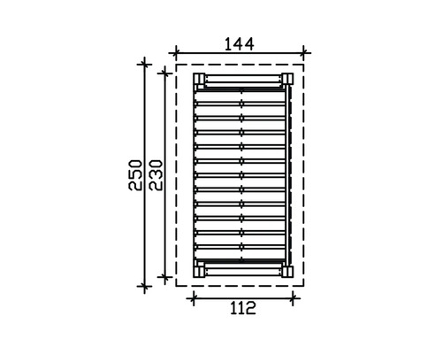Technische Zeichnung eines Holzrosts mit den Maßen 250 x 144 Millimeter
